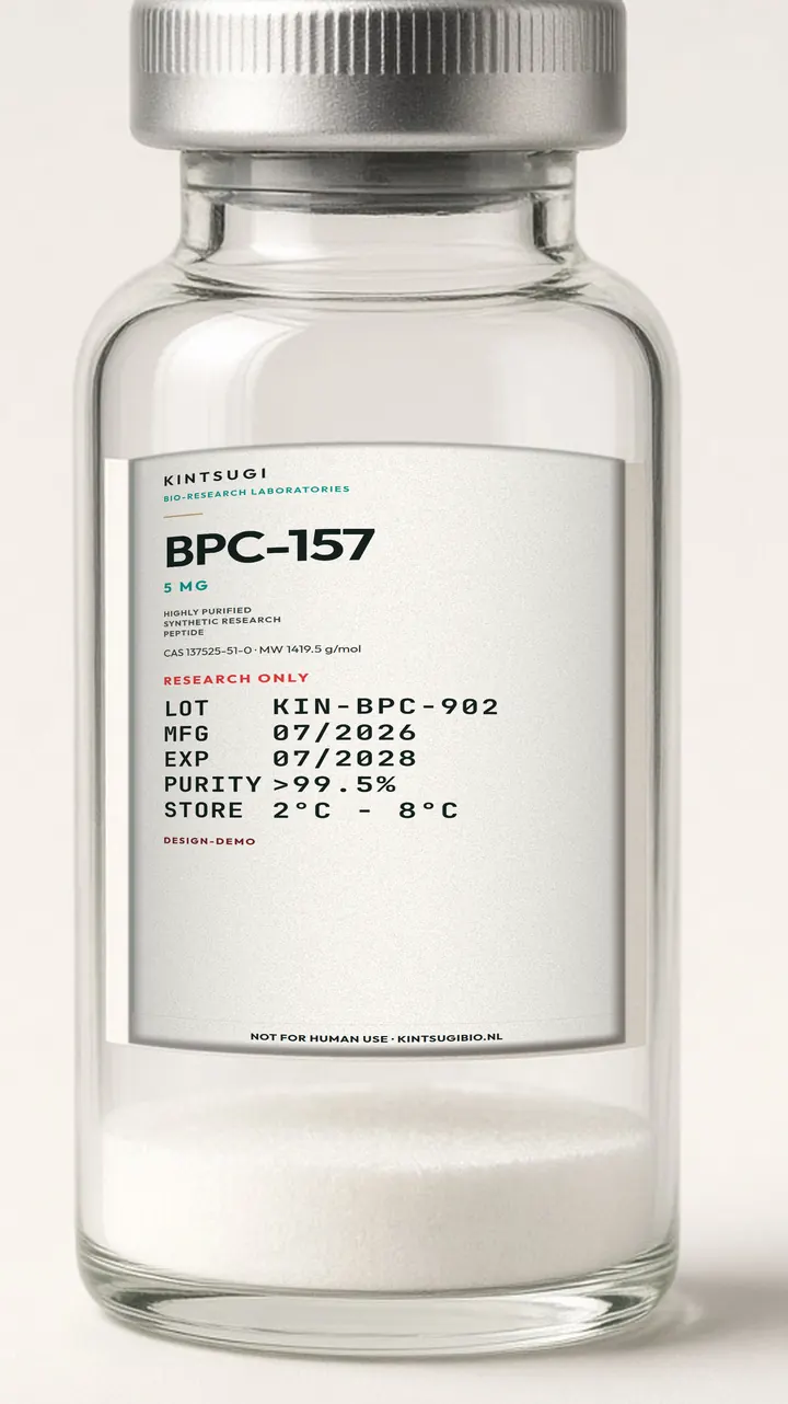 3 ml crimp-vial met het Ocean Teal etiket op het glas. BPC-157, 5 mg, LOT KIN-BPC-902, MFG 07/2026, EXP 07/2028. Research only, not for human use.