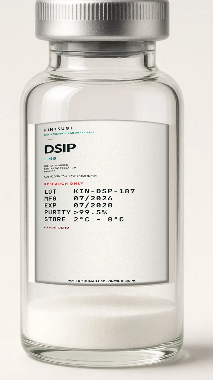 3 ml crimp-vial met het Ocean Teal etiket op het glas. DSIP, 5 mg, LOT KIN-DSP-187, MFG 07/2026, EXP 07/2028. Research only, not for human use.
