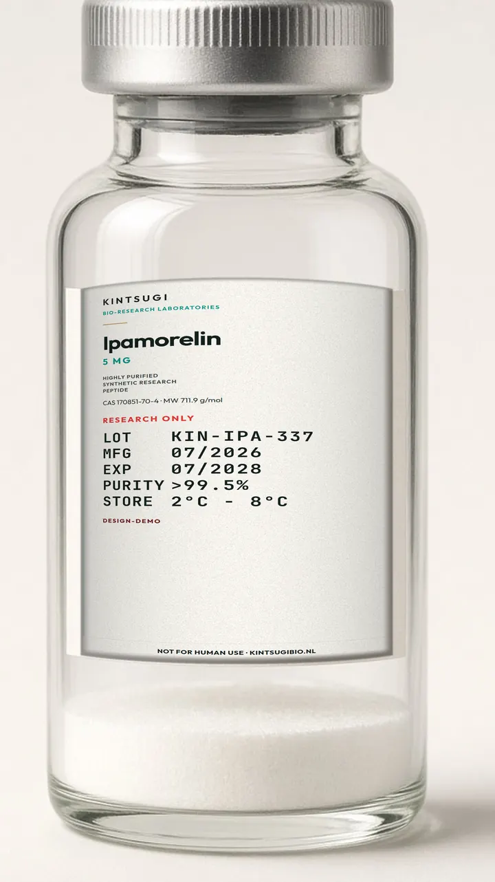3 ml crimp-vial met het Ocean Teal etiket op het glas. Ipamorelin, 5 mg, LOT KIN-IPA-337, MFG 07/2026, EXP 07/2028. Research only, not for human use.