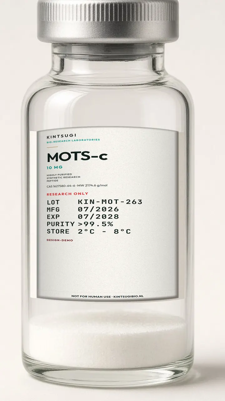 3 ml crimp-vial met het Ocean Teal etiket op het glas. MOTS-c, 10 mg, LOT KIN-MOT-263, MFG 07/2026, EXP 07/2028. Research only, not for human use.