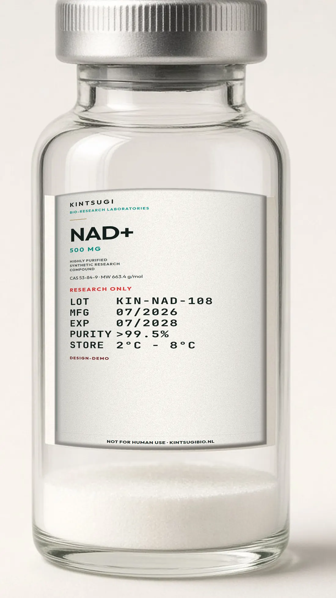 3 ml crimp-vial met het Ocean Teal etiket op het glas. NAD+, 500 mg, LOT KIN-NAD-108, MFG 07/2026, EXP 07/2028. Research only, not for human use.