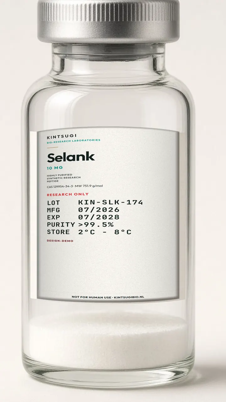 3 ml crimp-vial met het Ocean Teal etiket op het glas. Selank, 10 mg, LOT KIN-SLK-174, MFG 07/2026, EXP 07/2028. Research only, not for human use.