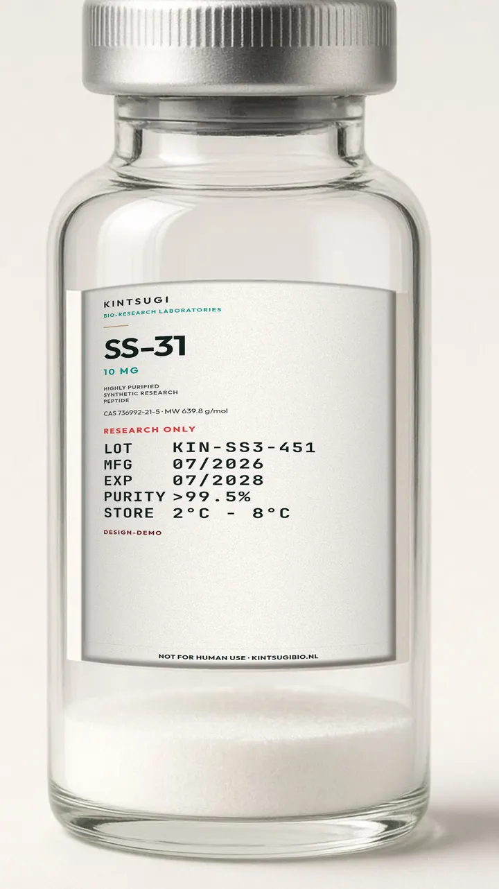 3 ml crimp-vial met het Ocean Teal etiket op het glas. SS-31, 10 mg, LOT KIN-SS3-451, MFG 07/2026, EXP 07/2028. Research only, not for human use.